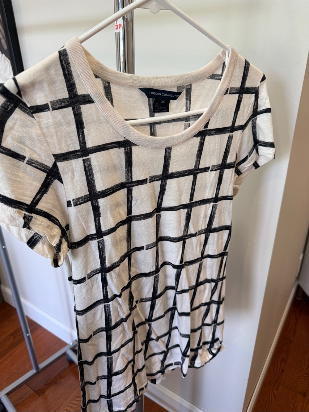 French Connection White Tee with Black Windowpane Grid
